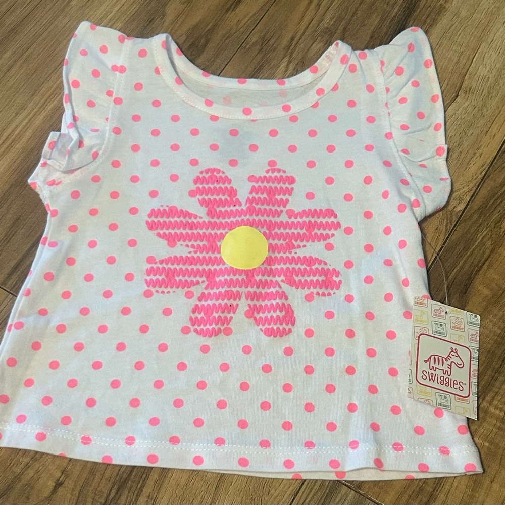 Swiggles Baby Top White Pink Polka Dot Flower Ruffle Sleeve‎ Toddler Girl